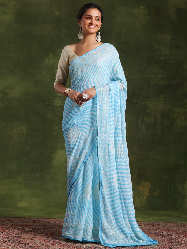 Blue Printed Poly Georgette Saree With Unstitched Blouse Piece - Libas