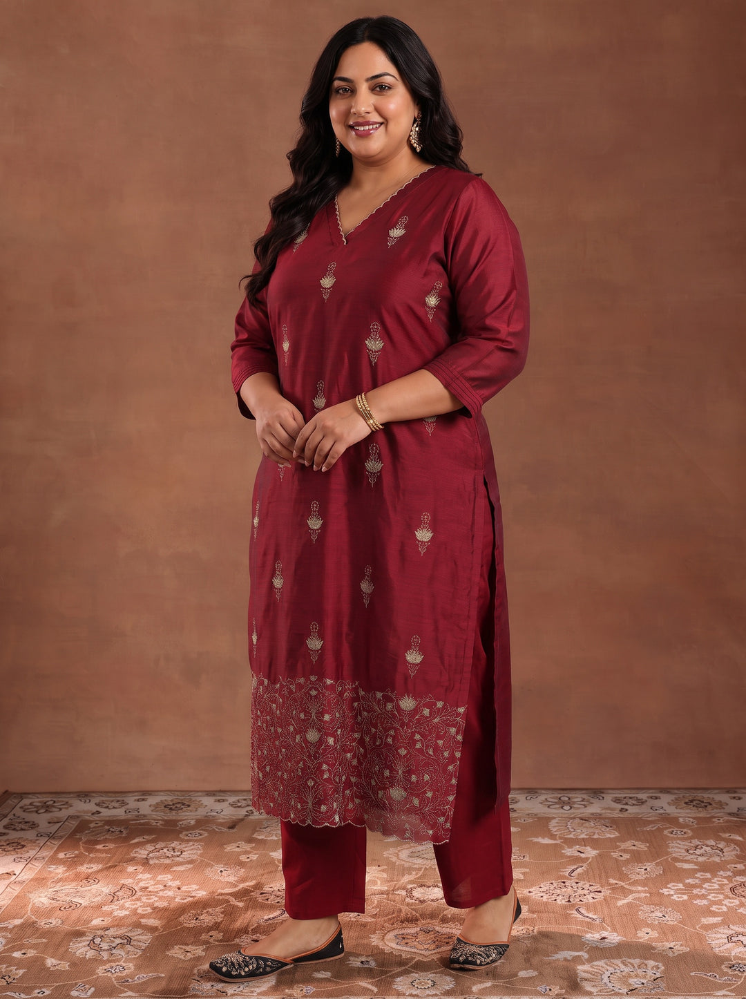 Plus Size Maroon Floral Embroidered Silk Blend Straight Suit Set