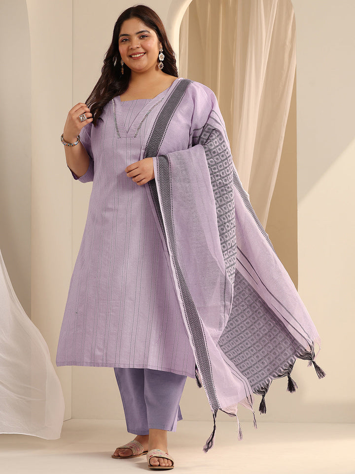 Plus Size Lavender Woven Design Cotton Blend Straight Suit Set With Dupatta