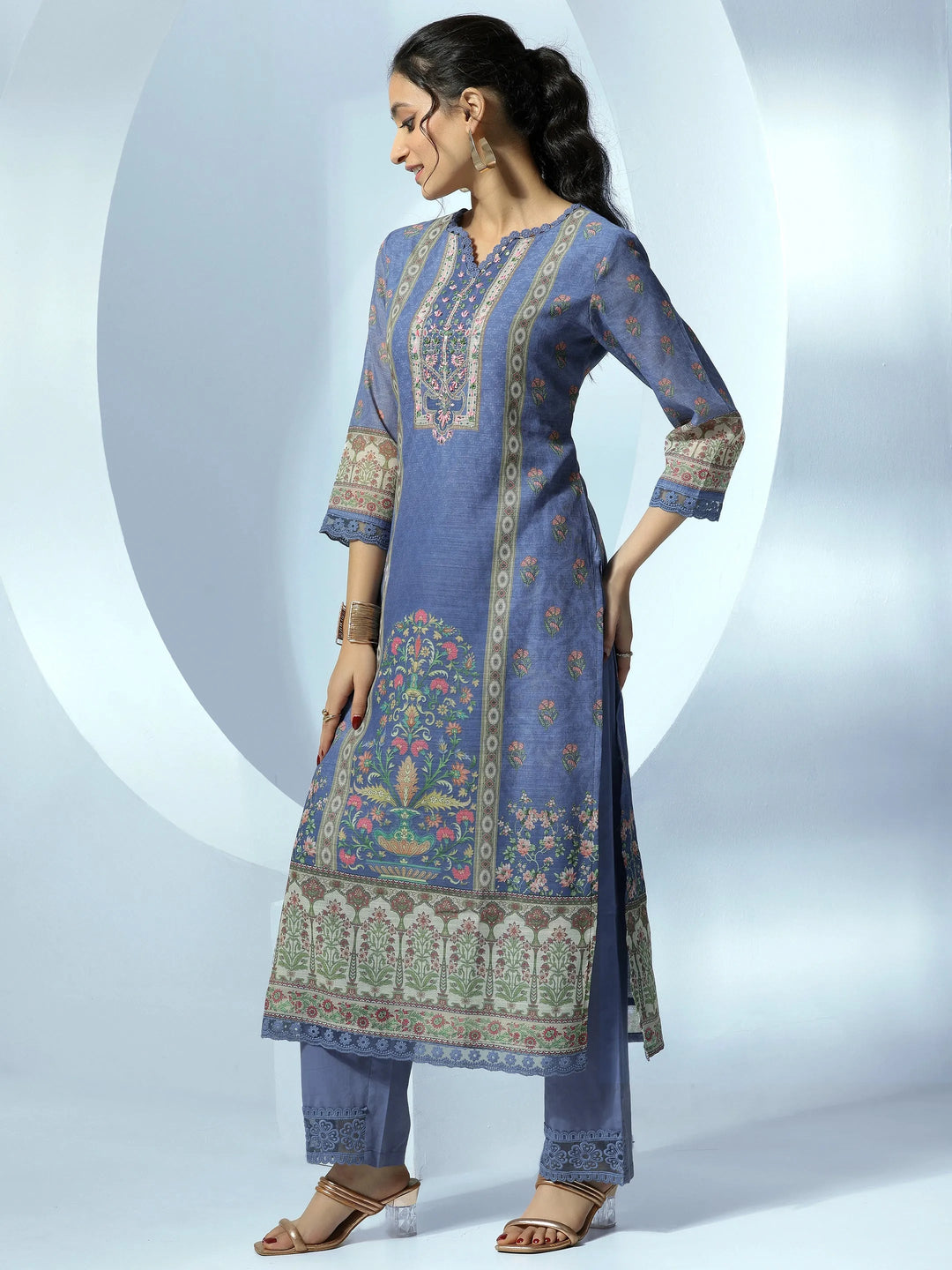 Blue Printed Cotton Blend Straight Suit With Dupatta