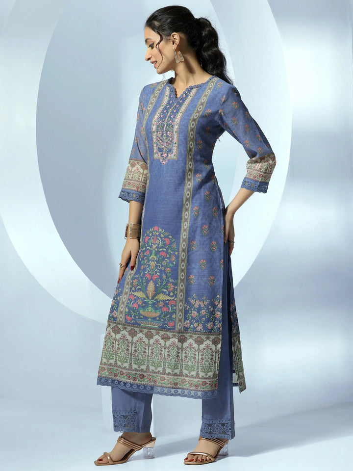 Blue Printed Cotton Blend Straight Suit With Dupatta