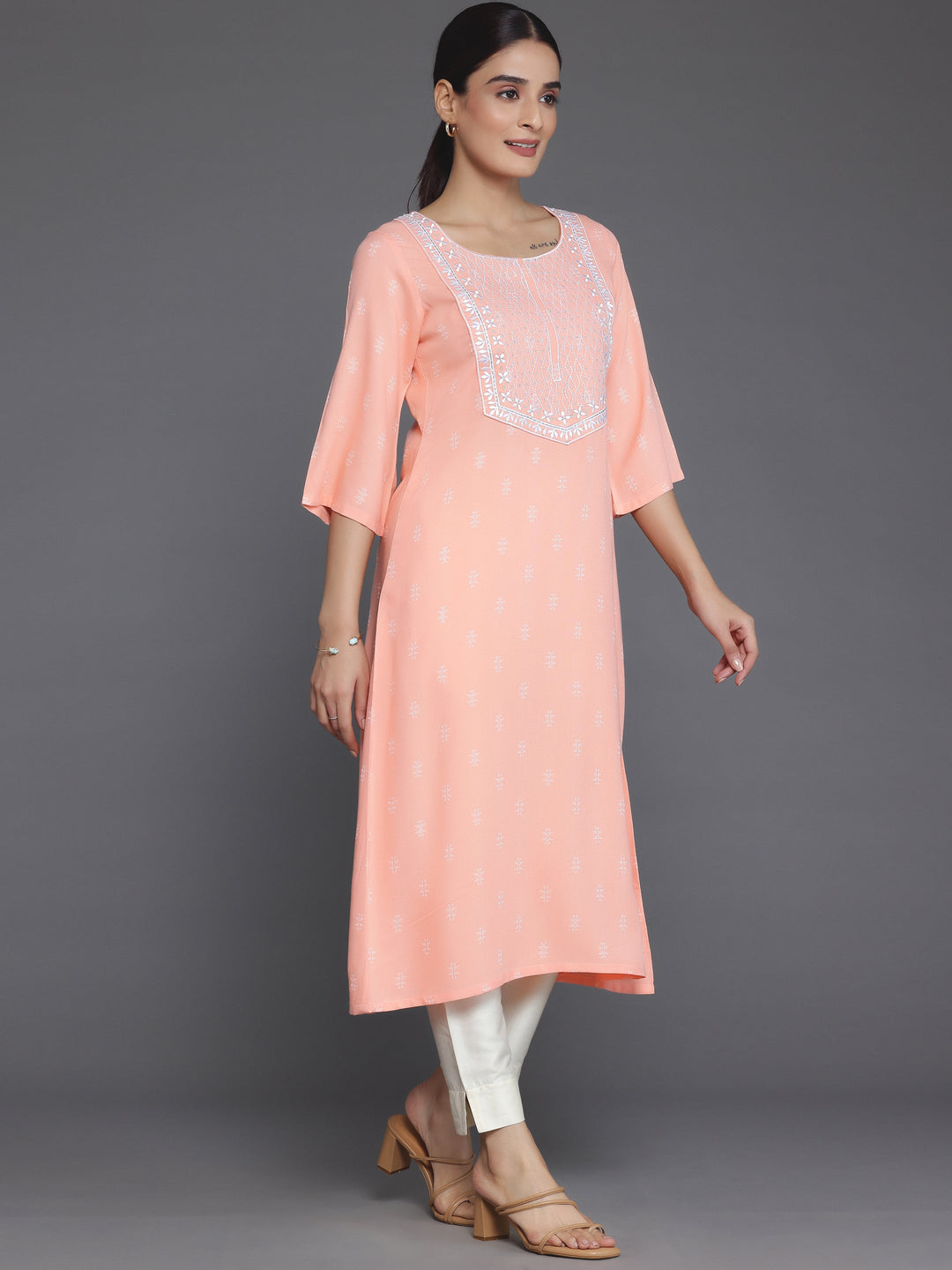 Peach Woven Design Rayon Straight Kurta