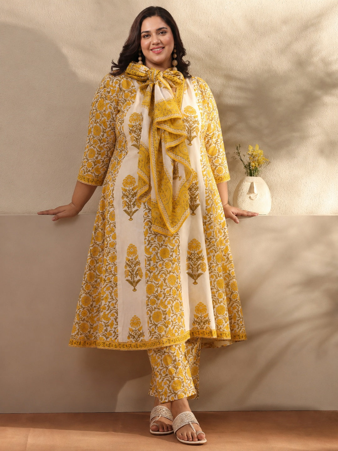 Plus Size Yellow Floral Printed Cotton Blend Anarkali Suit Set