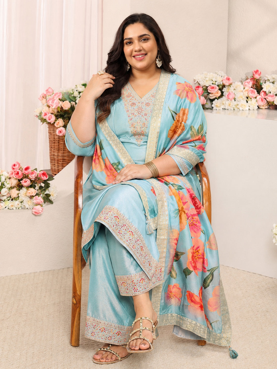 Plus Size Blue Yoke Design Silk Blend Straight Suit Set