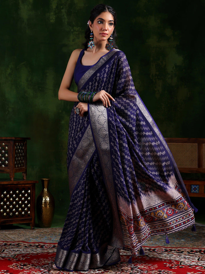Purple Printed Silk Blend Saree With Unstitched Blouse Piece - Libas