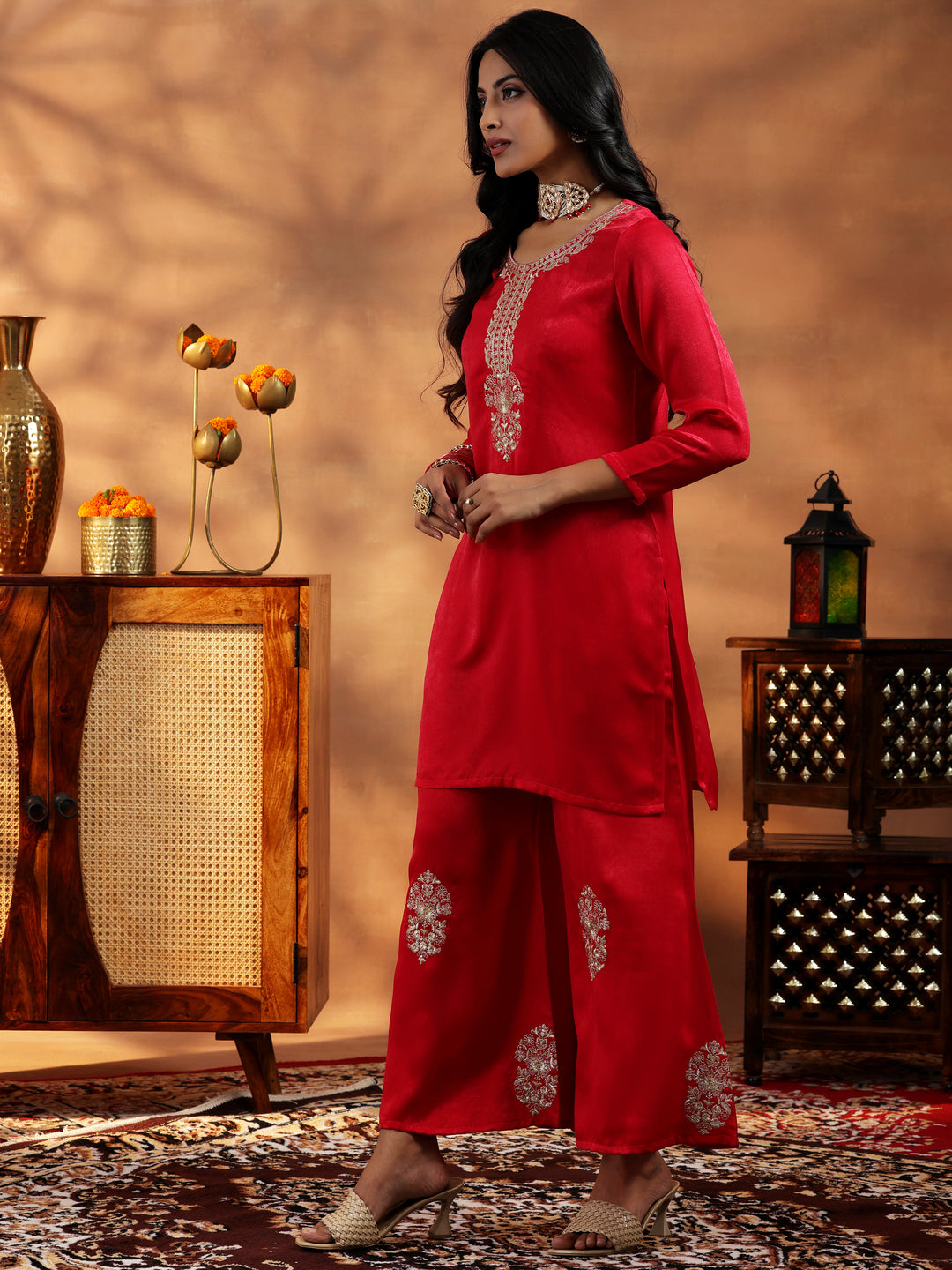 Red Embroidered Velvet Co-Ords