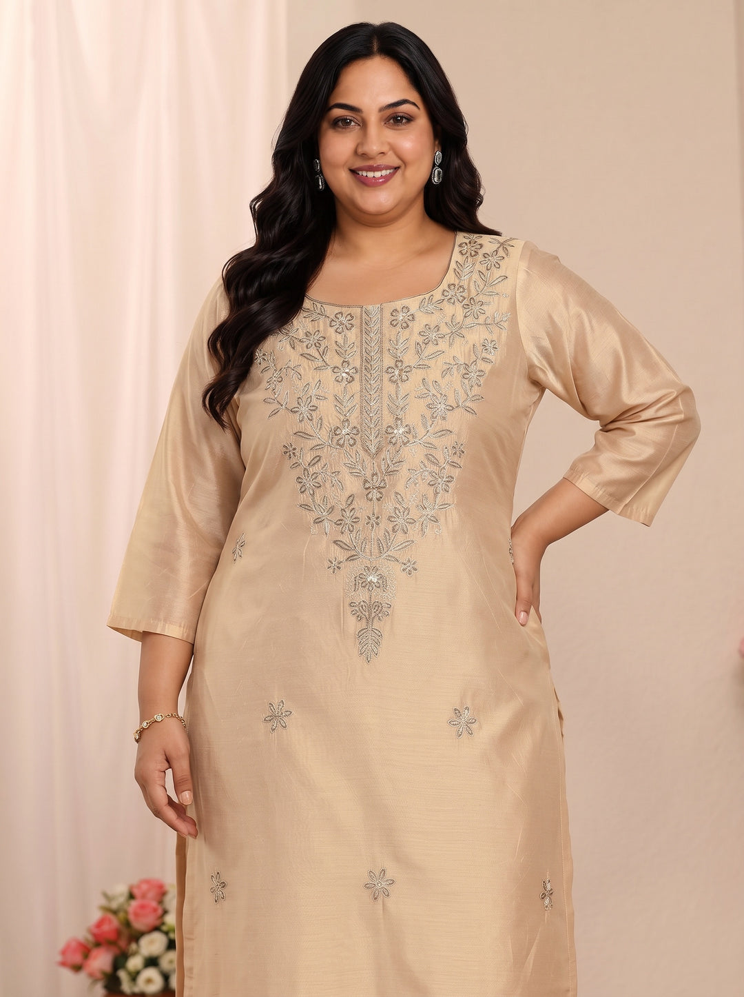 Plus Size Beige Floral Embroidered Chanderi Silk Straight Kurta
