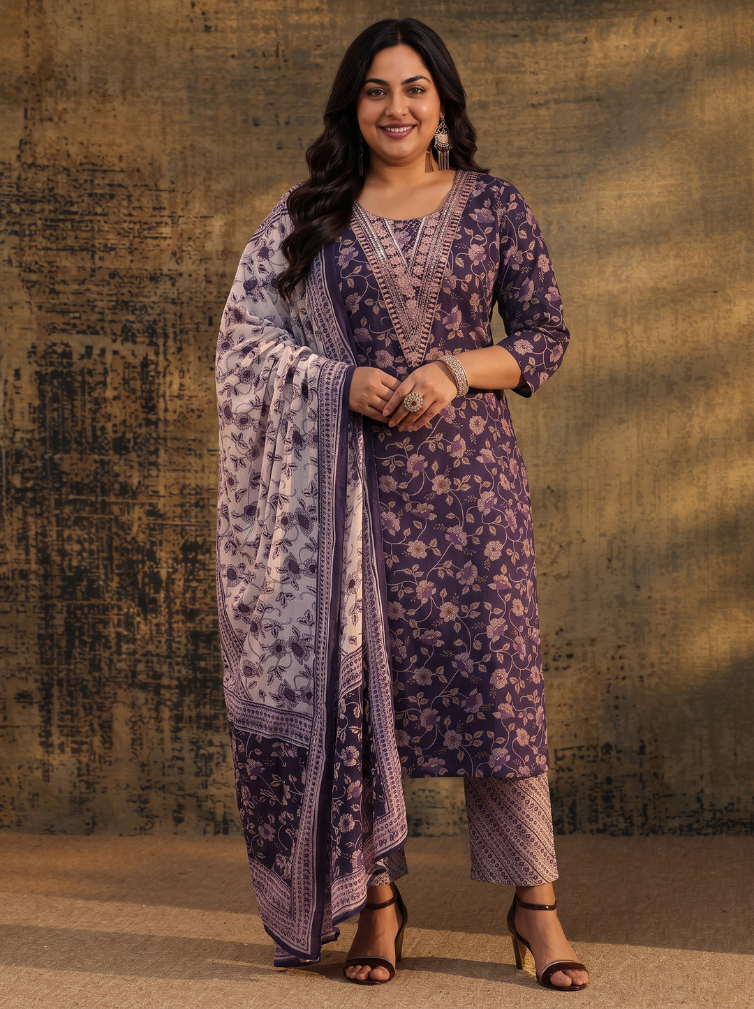Plus Size Purple Floral Printed Cotton Straight Suit Set