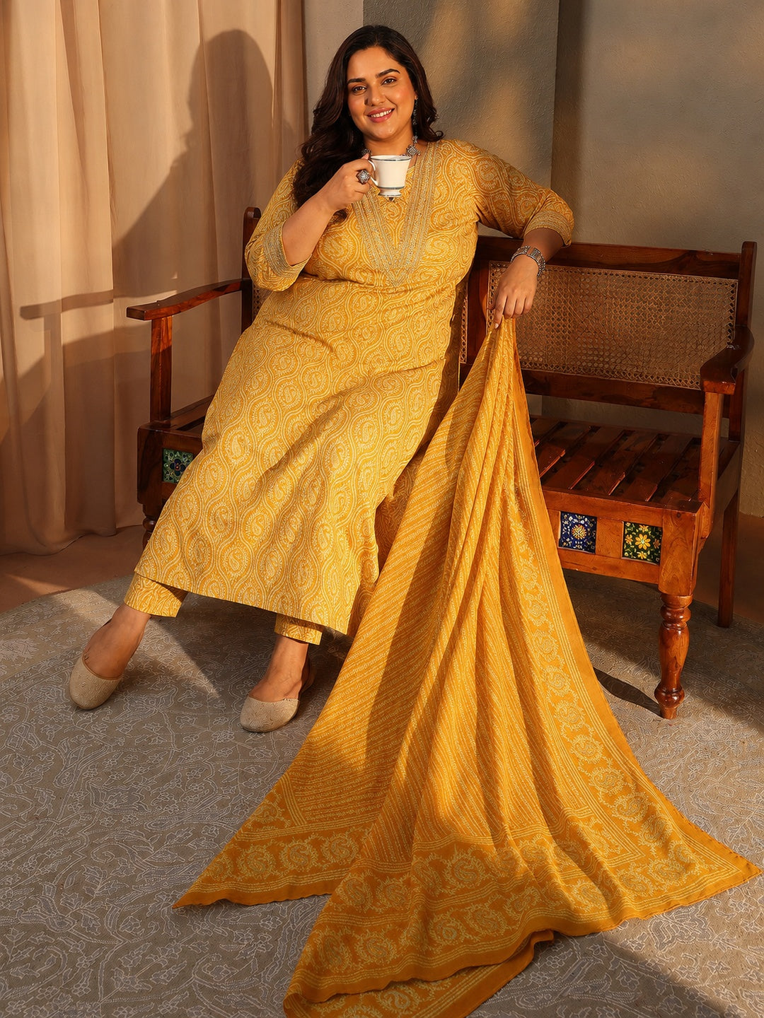 Plus Size Mustard Paisley Printed Cotton Blend Anarkali Suit Set