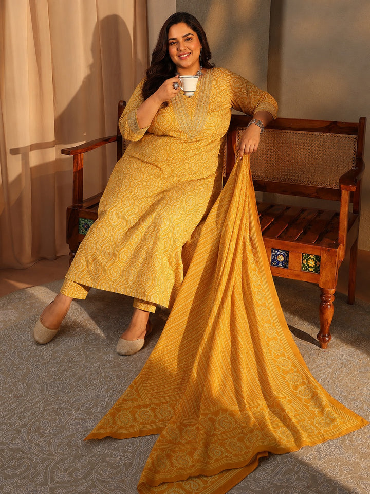 Plus Size Mustard Paisley Printed Cotton Blend Anarkali Suit Set