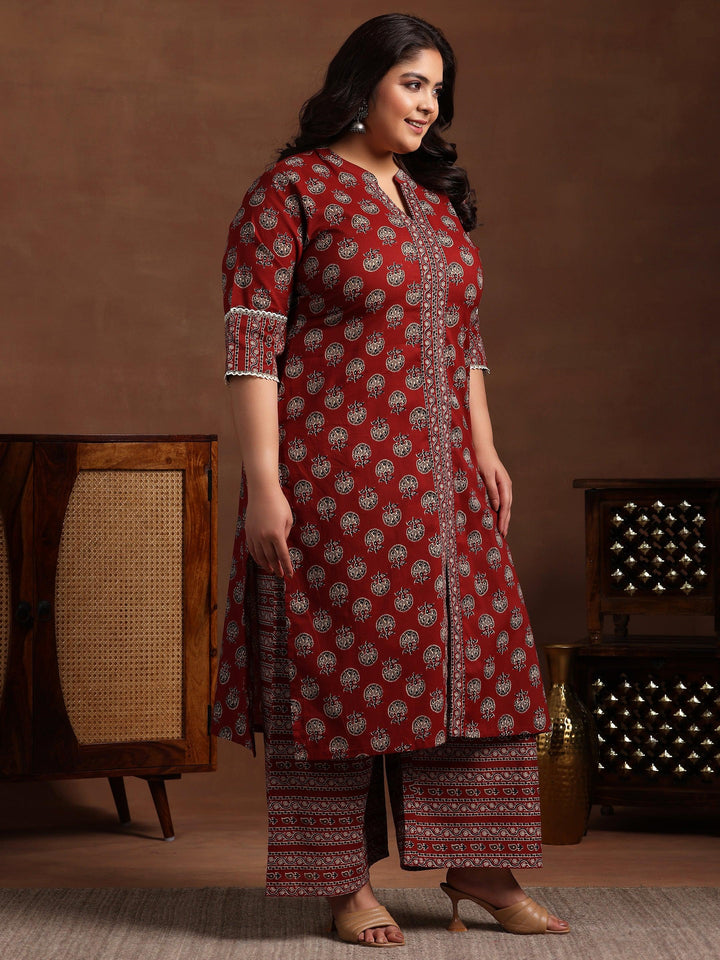 Plus Size Maroon Printed Cotton Straight Suit With Dupatta