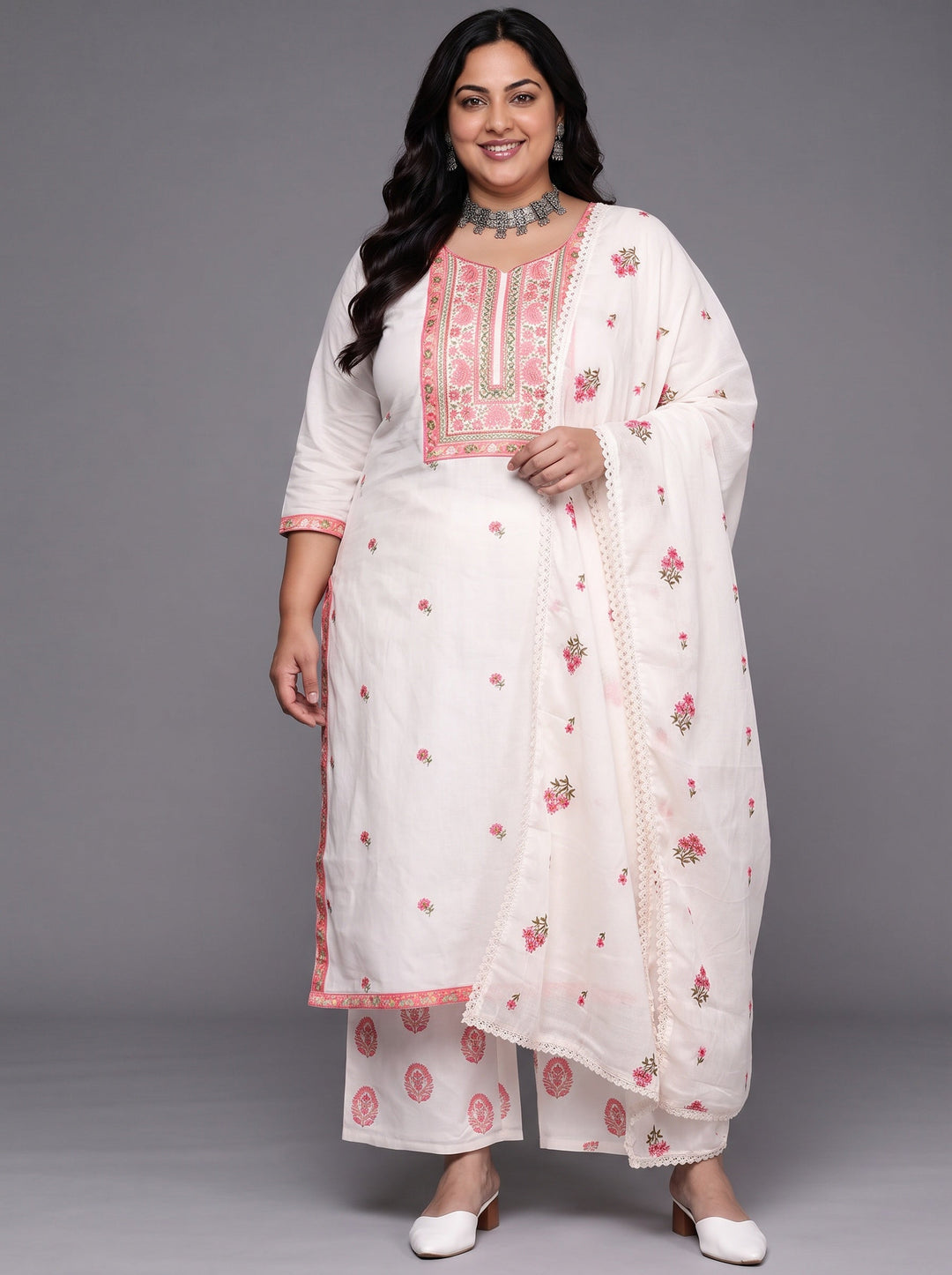 Plus Size Off White Floral Embroidered Cotton Palazzo Suit Set