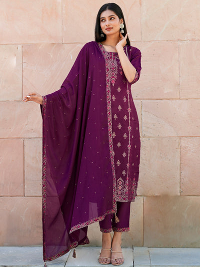 Purple Self Design Silk Suit Set