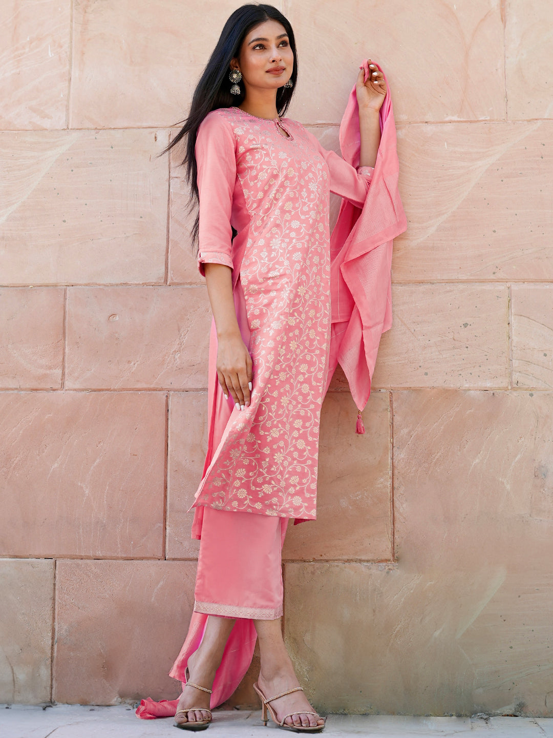 Pink Woven Design Silk Blend Straight Suit Set