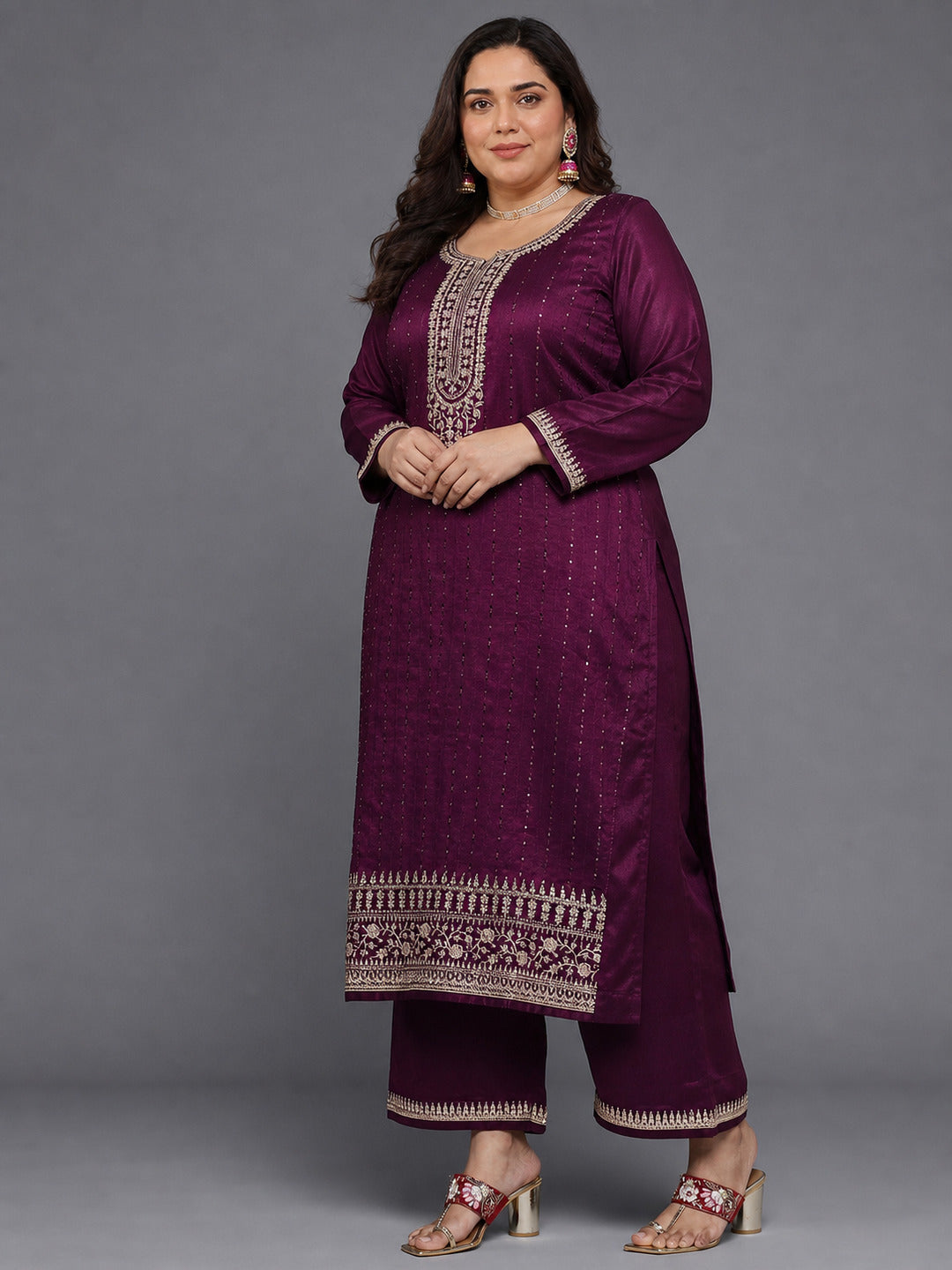 Plus Size Purple Embroidered Silk Blend Pakistani Suit