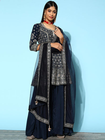 Libas Art Blue Embroidered Silk Anarkali Suit Set With Palazzos - ShopLibas