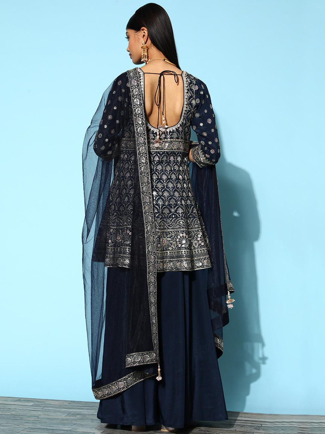 Libas Art Blue Embroidered Silk Anarkali Suit Set With Palazzos - ShopLibas