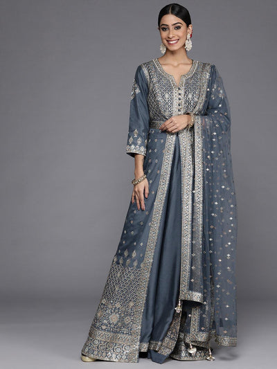 Libas Art Grey Embroidered Silk Anarkali Suit Set - ShopLibas