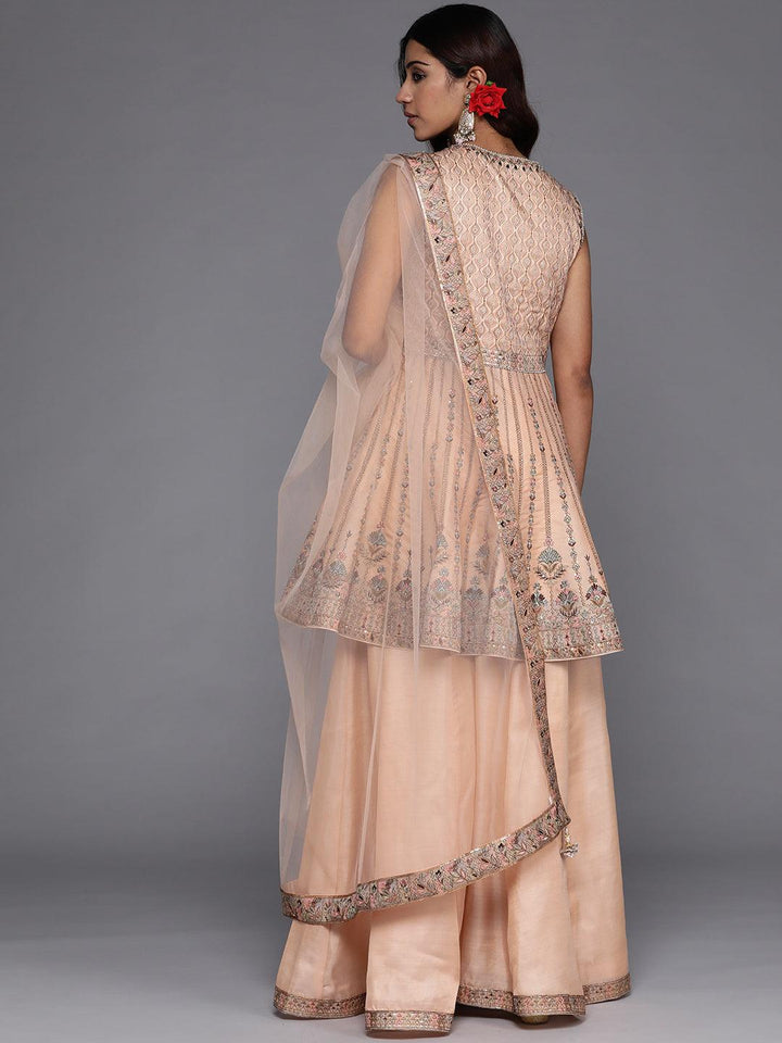 Libas Art Peach Embroidered Silk Anarkali Kurti With Palazzos & Dupatta - ShopLibas