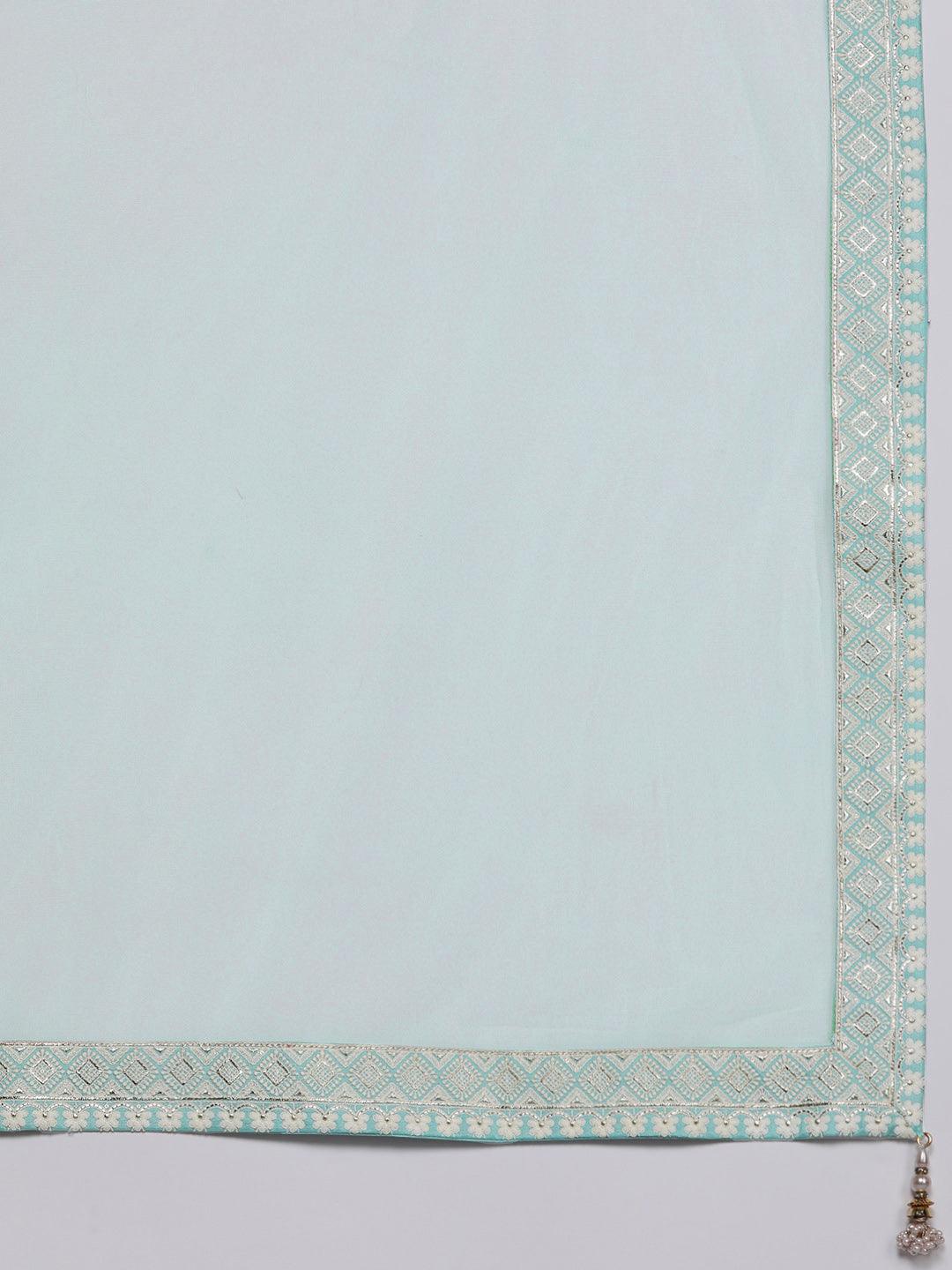 Libas Art Sea Green Embroidered Silk Straight Kurti With Sharara & Dupatta - ShopLibas