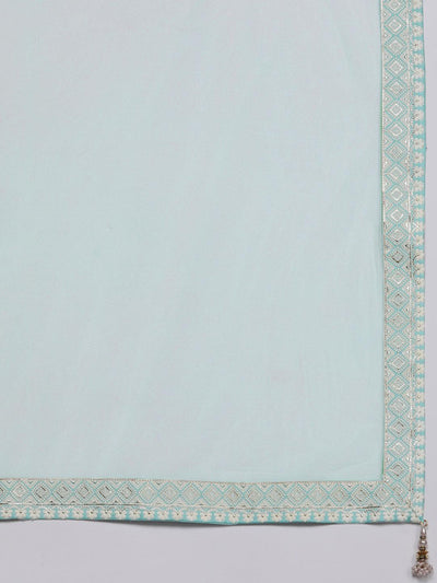 Libas Art Sea Green Embroidered Silk Straight Kurti With Sharara & Dupatta - ShopLibas