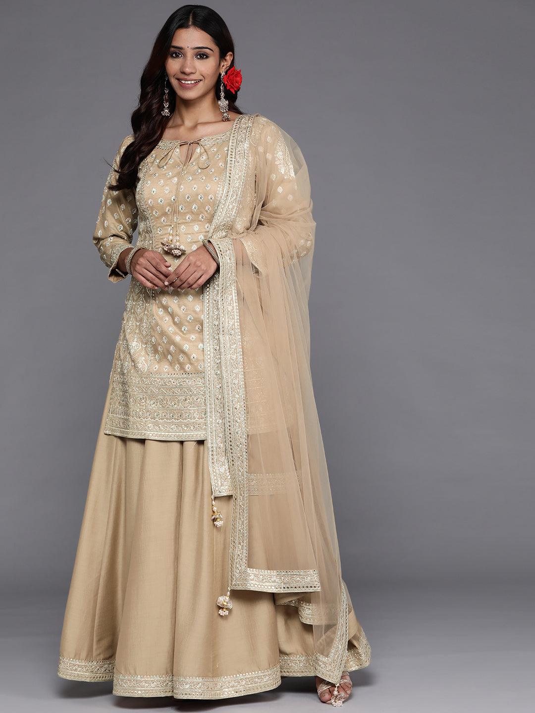 Libas Art Beige Embroidered Silk Straight Suit Set - ShopLibas