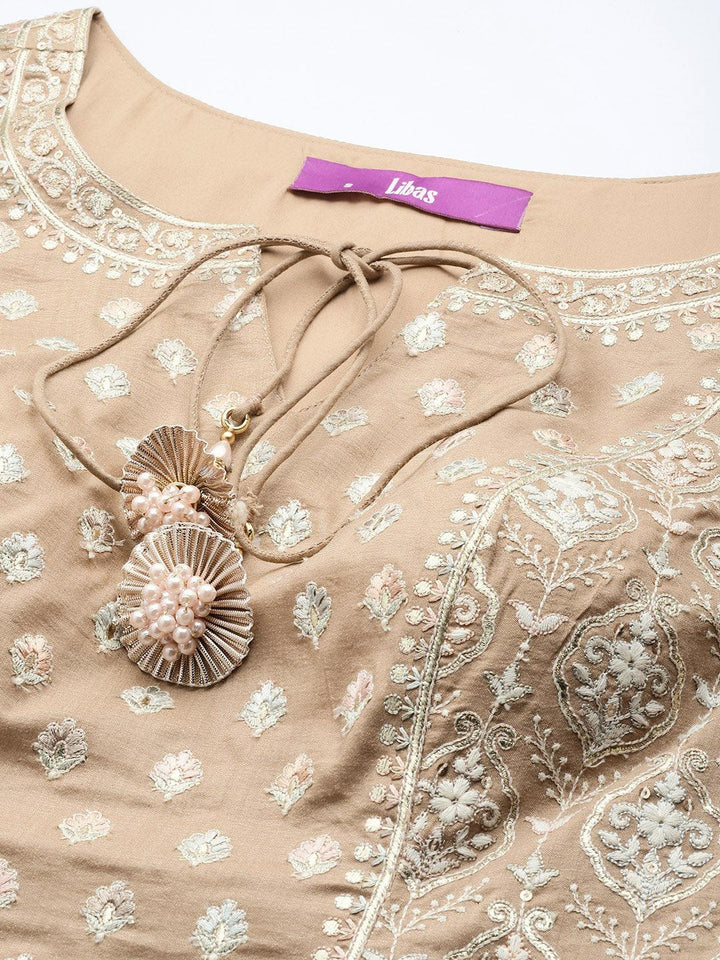 Libas Art Beige Embroidered Silk Straight Suit Set - ShopLibas