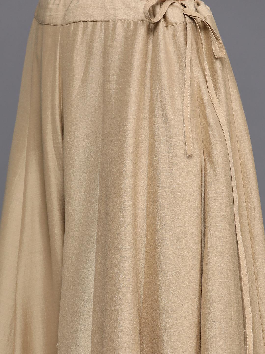 Libas Art Beige Embroidered Silk Straight Suit Set - ShopLibas