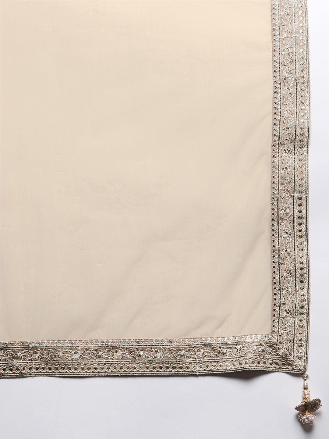 Libas Art Beige Embroidered Silk Straight Suit Set - ShopLibas