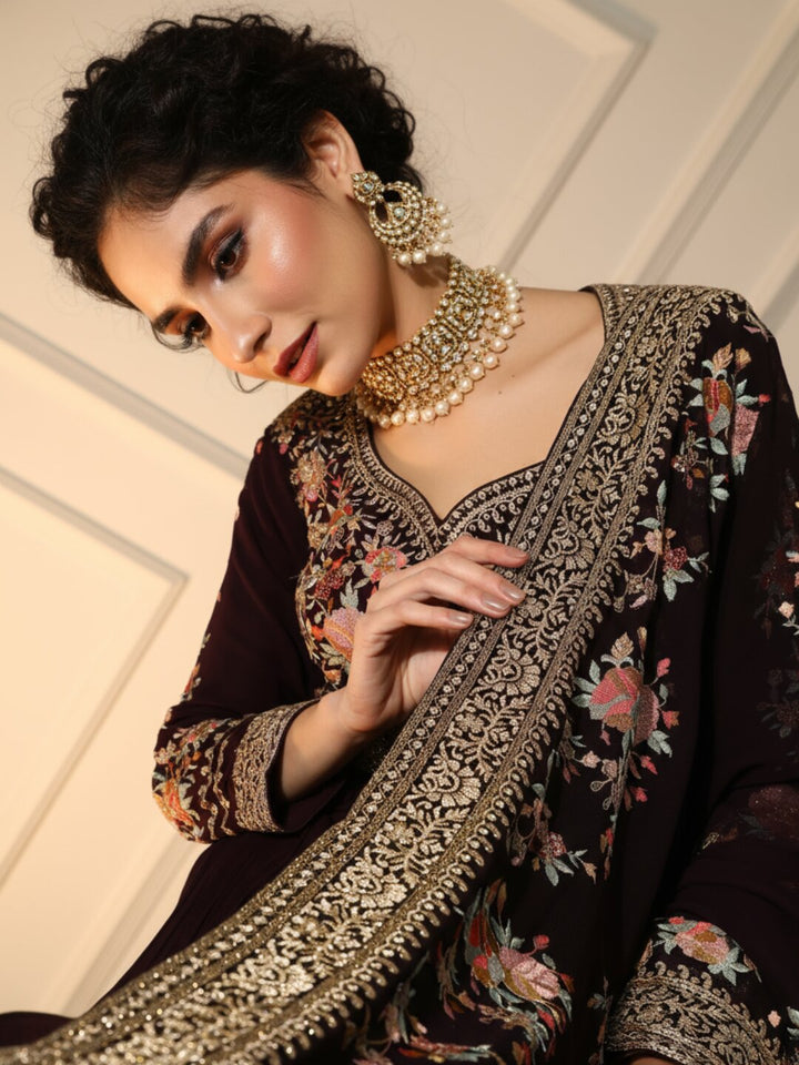 Libas Art Purple Yoke Design Georgette A-Line Suit Set With Trousers