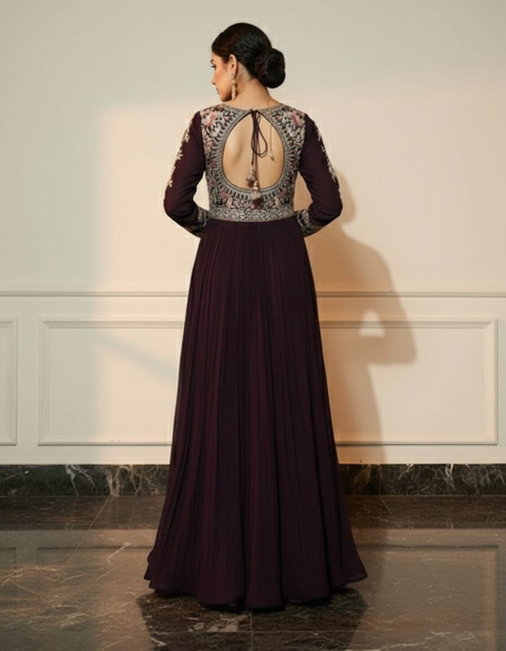 Libas Art Purple Yoke Design Georgette A-Line Suit Set With Trousers
