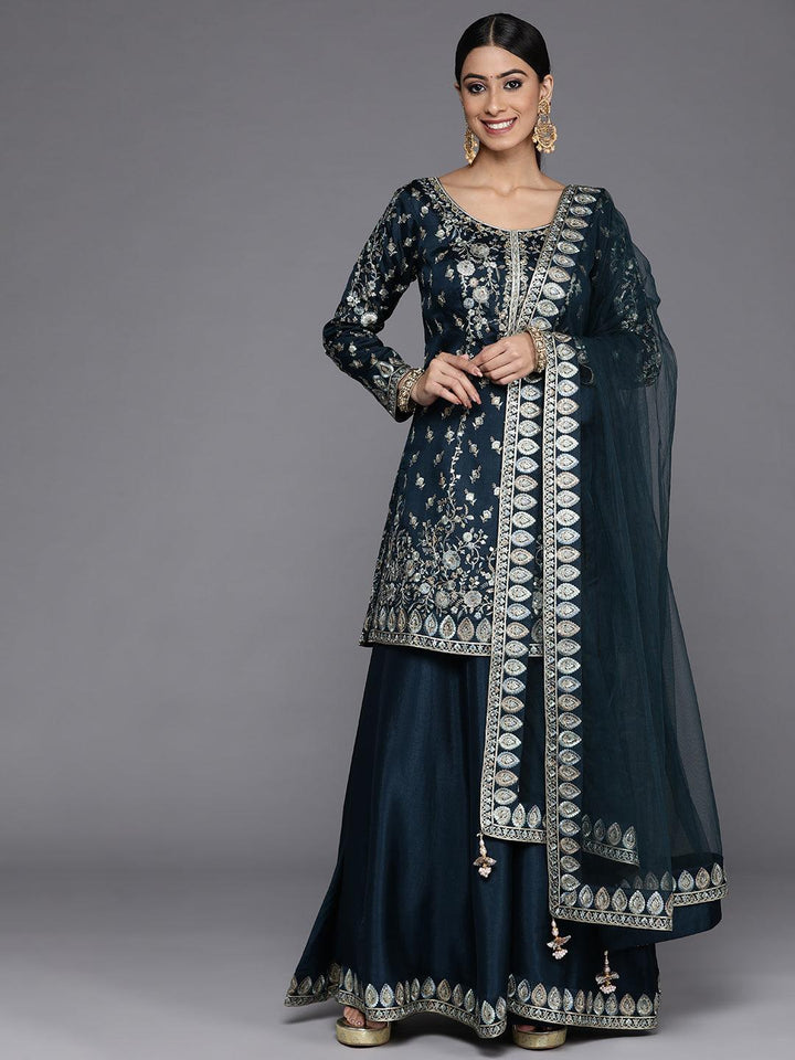Libas Art Teal Embroidered Silk Straight Suit Set - ShopLibas
