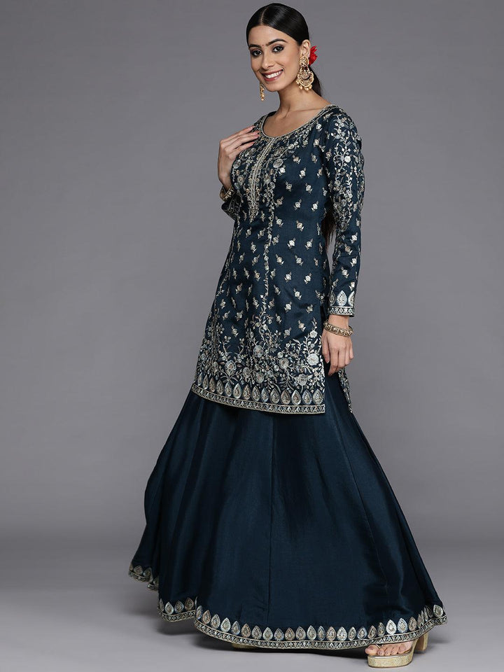 Libas Art Teal Embroidered Silk Straight Suit Set - ShopLibas
