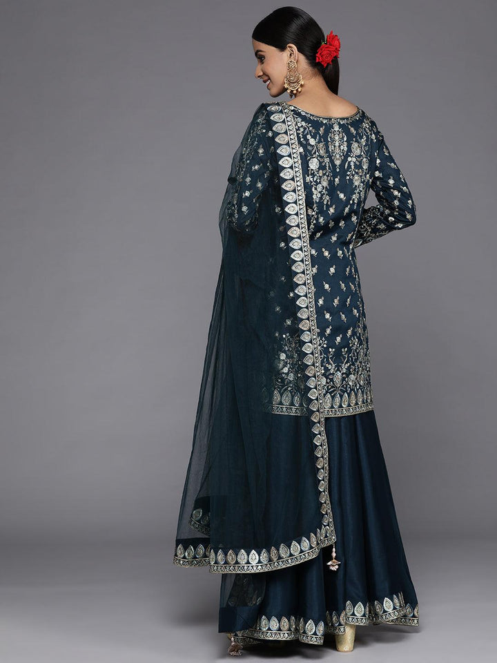 Libas Art Teal Embroidered Silk Straight Suit Set - ShopLibas