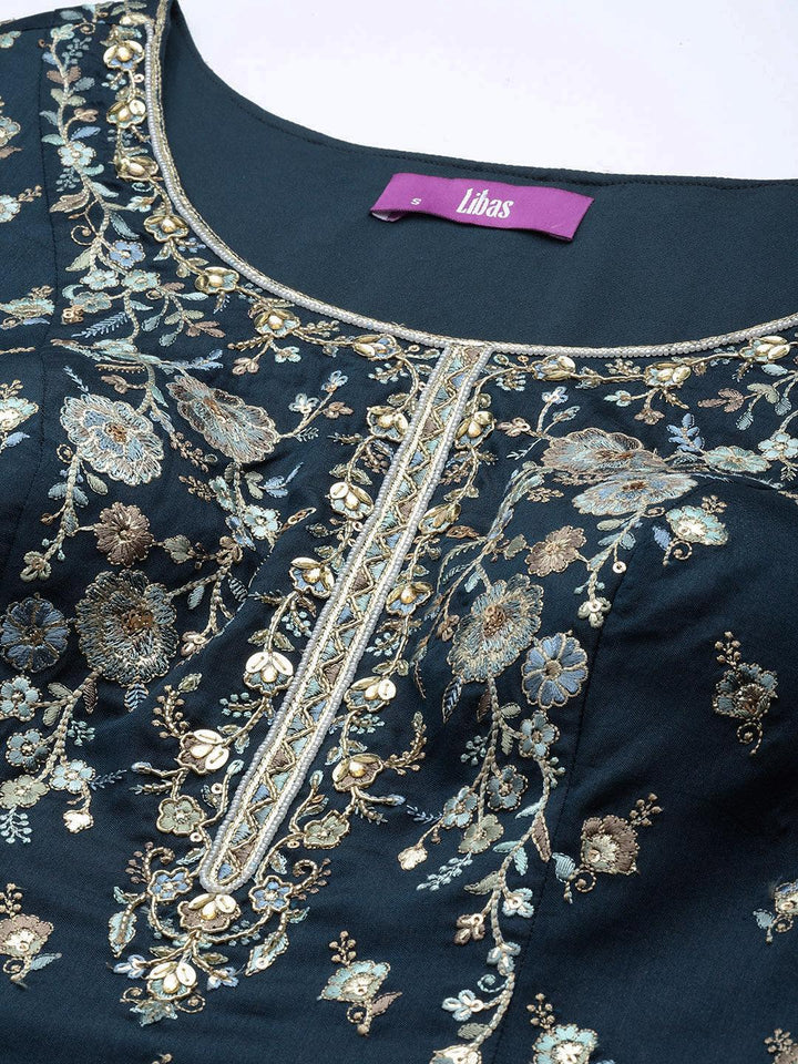 Libas Art Teal Embroidered Silk Straight Suit Set - ShopLibas