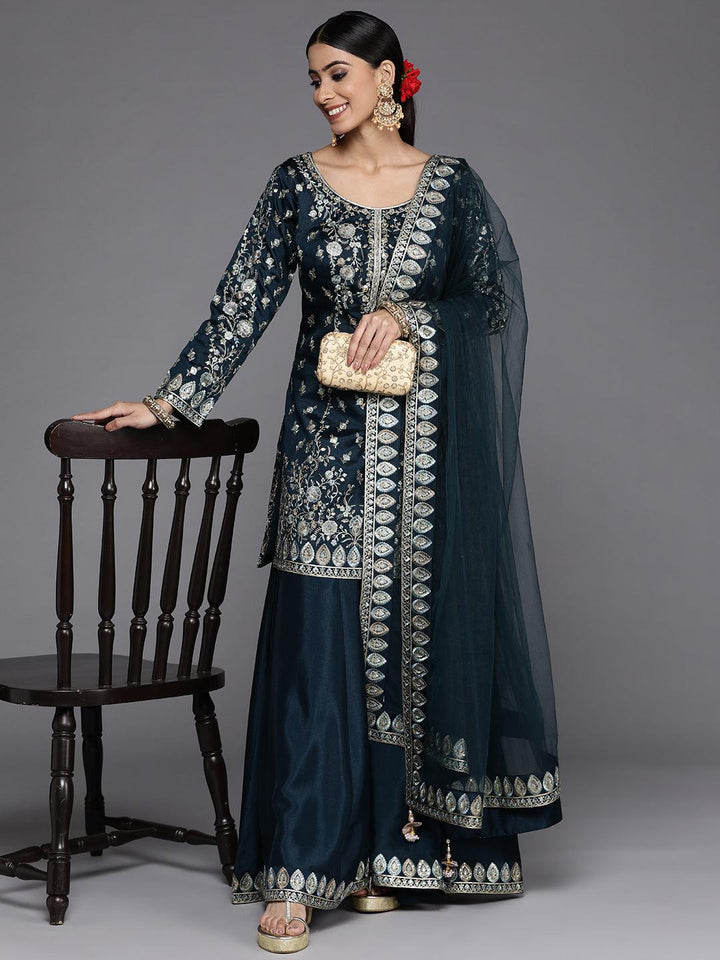 Libas Art Teal Embroidered Silk Straight Suit Set - ShopLibas