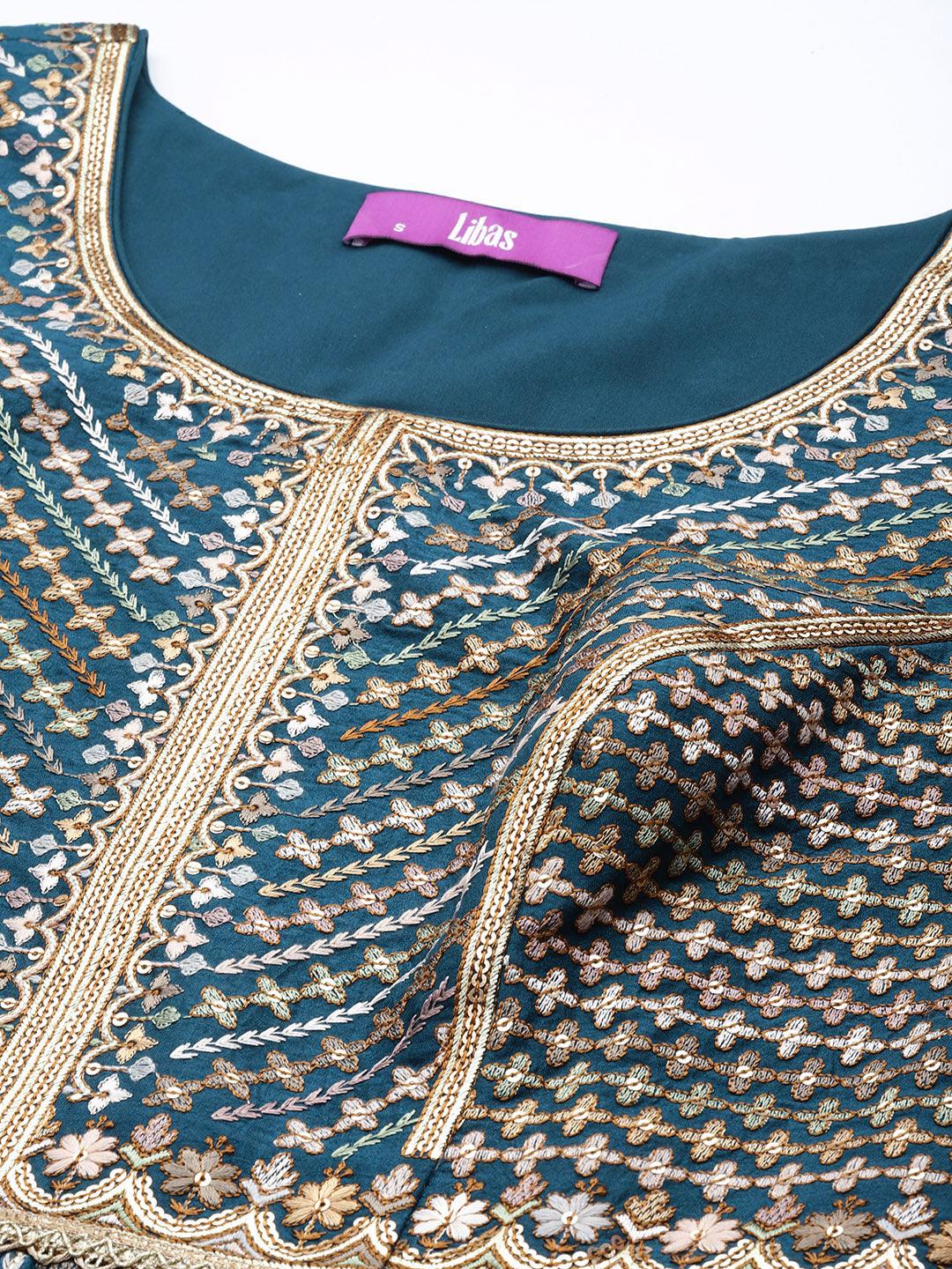 Libas Art Blue Embroidered Silk Anarkali Suit Set - ShopLibas 