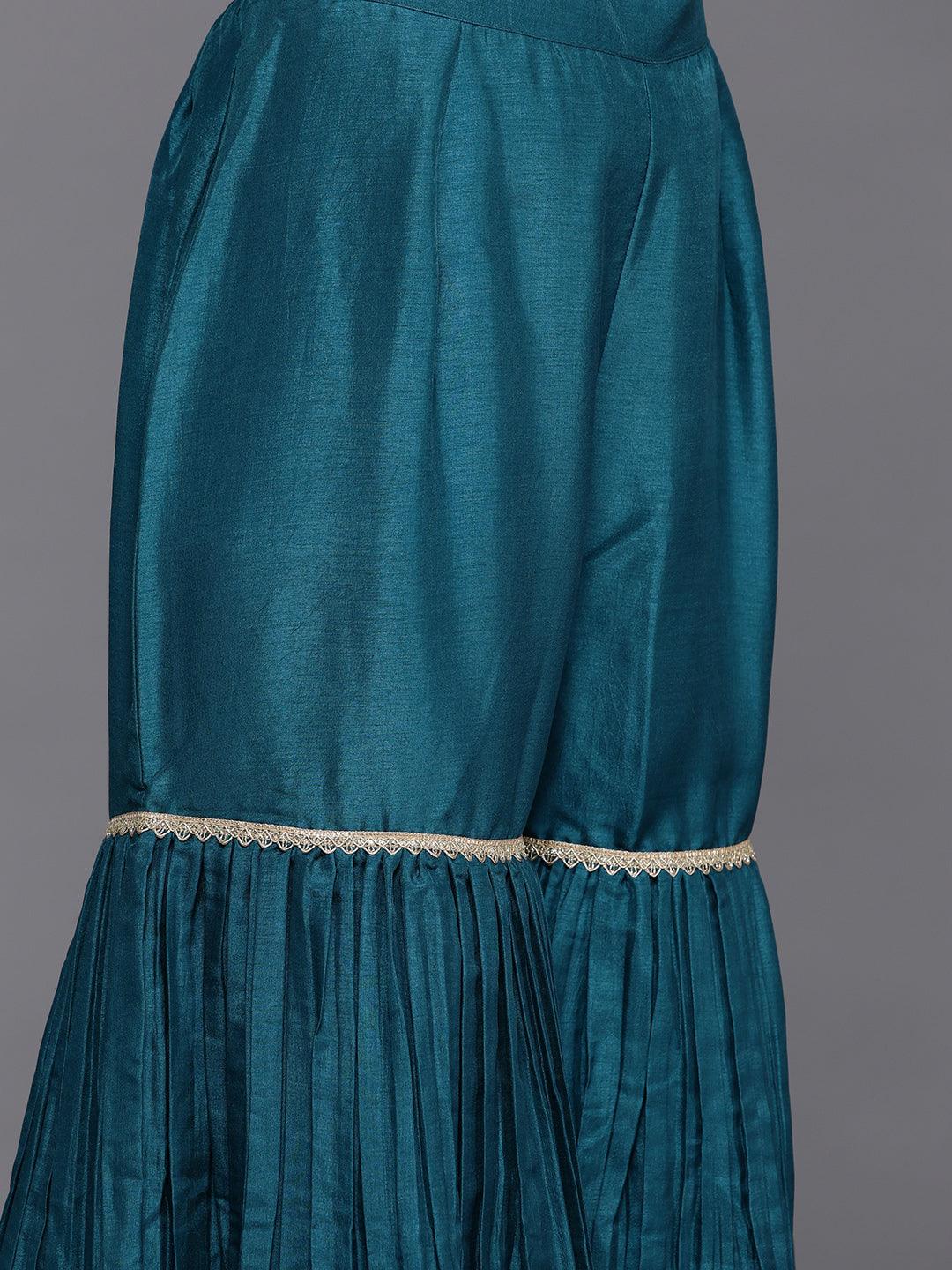 Libas Art Blue Embroidered Silk Anarkali Suit Set - ShopLibas 
