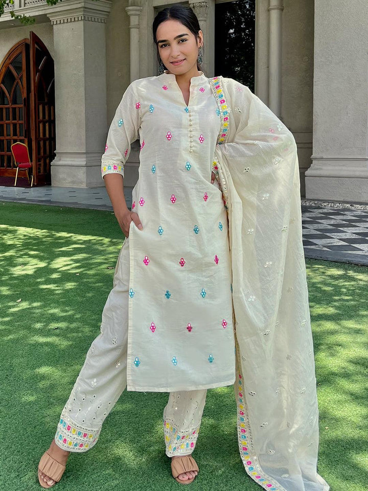 Off White Embroidered Cotton Straight Suit Set With Trousers