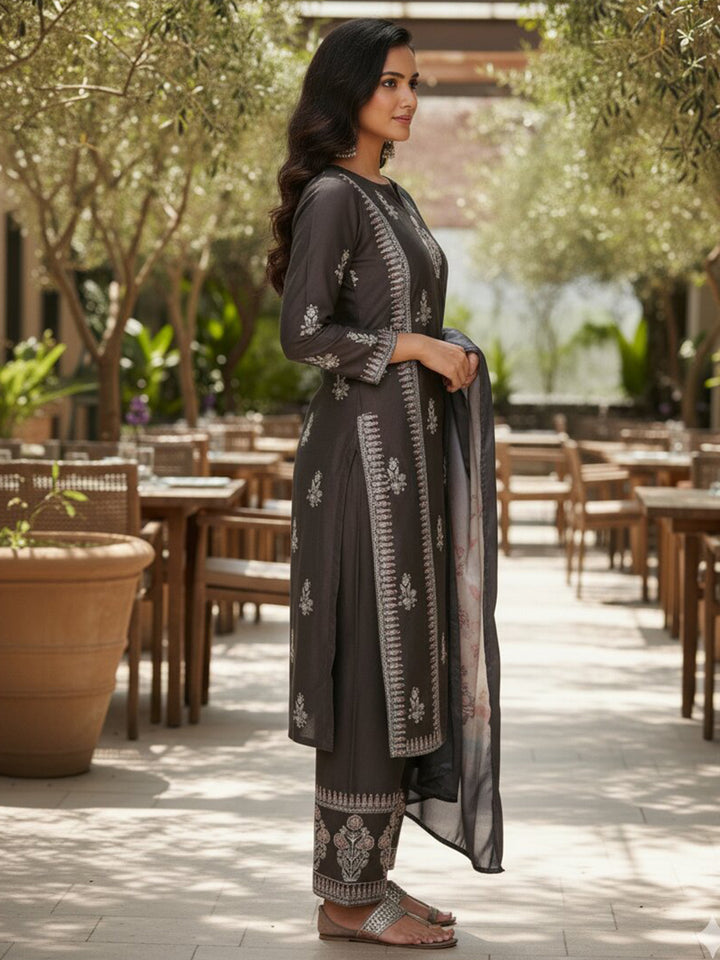 Charcoal Printed Silk Blend Straight Kurta With Dupatta