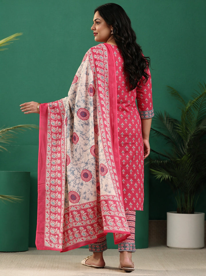 Plus Size Pink Ethnic Printed Cotton Straight Suit Set