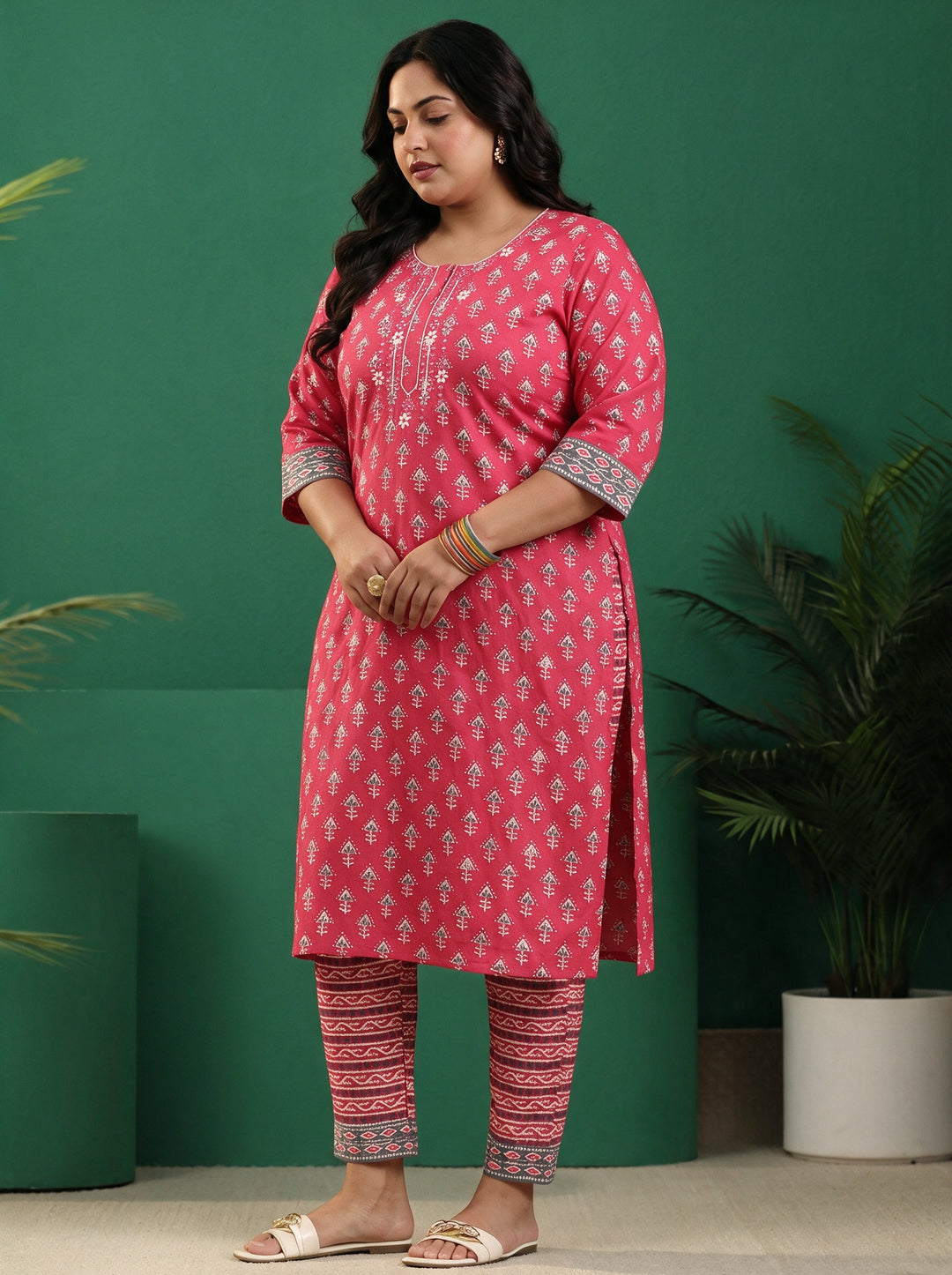 Plus Size Pink Ethnic Printed Cotton Straight Suit Set