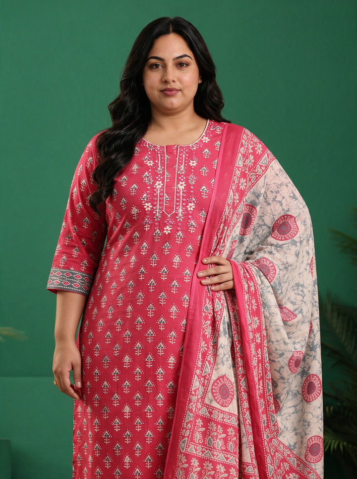 Plus Size Pink Ethnic Printed Cotton Straight Suit Set