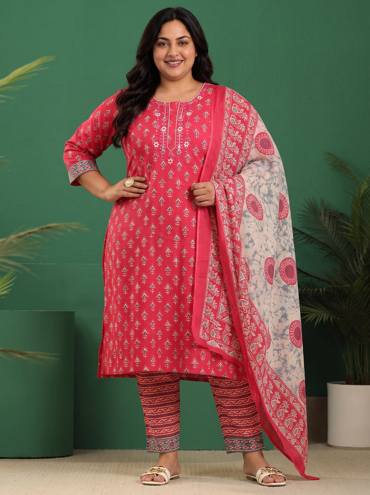 Plus Size Pink Ethnic Printed Cotton Straight Suit Set