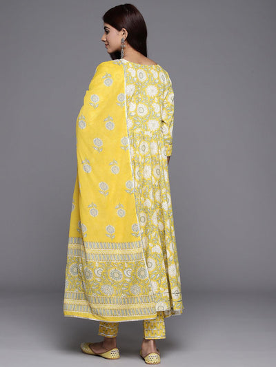 Yellow Yoke Design Cotton Anarkali Suit Set With Trousers - ShopLibas