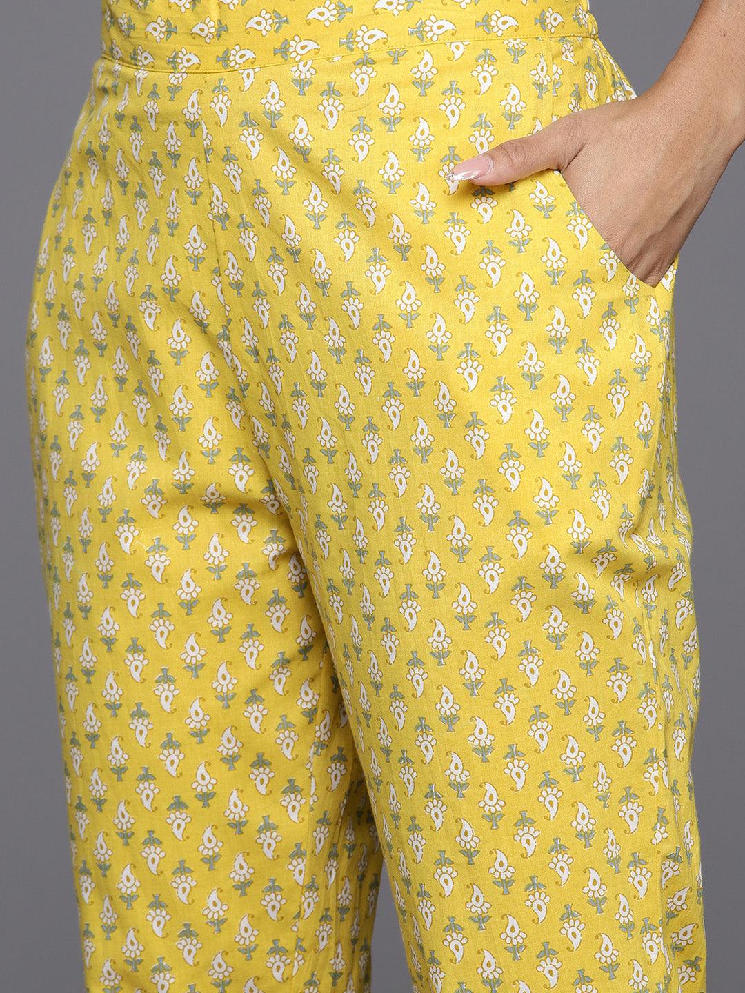 Yellow Yoke Design Cotton Anarkali Suit Set With Trousers - ShopLibas