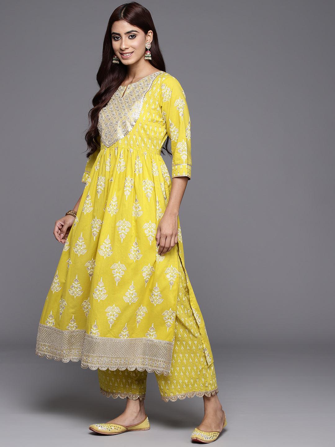 Mustard Yoke Design Cotton A-Line Suit Set With Palazzos - ShopLibas 