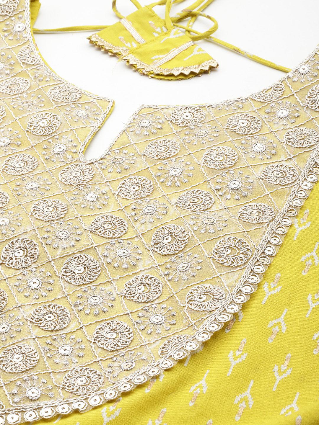 Mustard Yoke Design Cotton A-Line Suit Set With Palazzos - ShopLibas