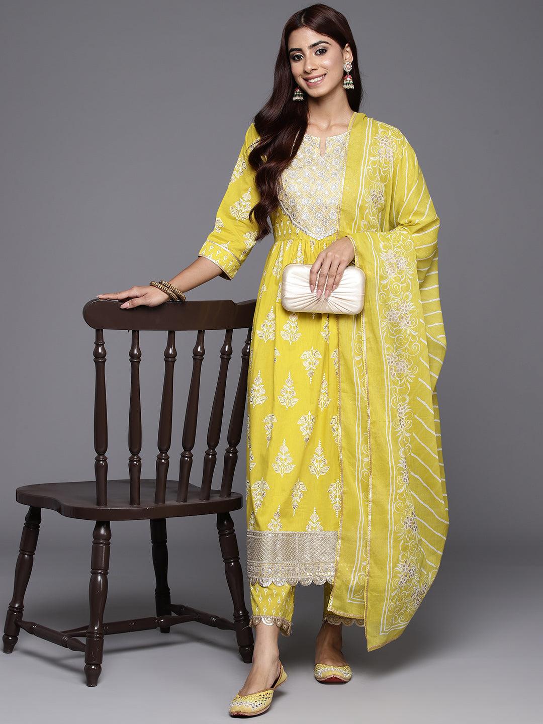 Mustard Yoke Design Cotton A-Line Suit Set With Palazzos - ShopLibas 