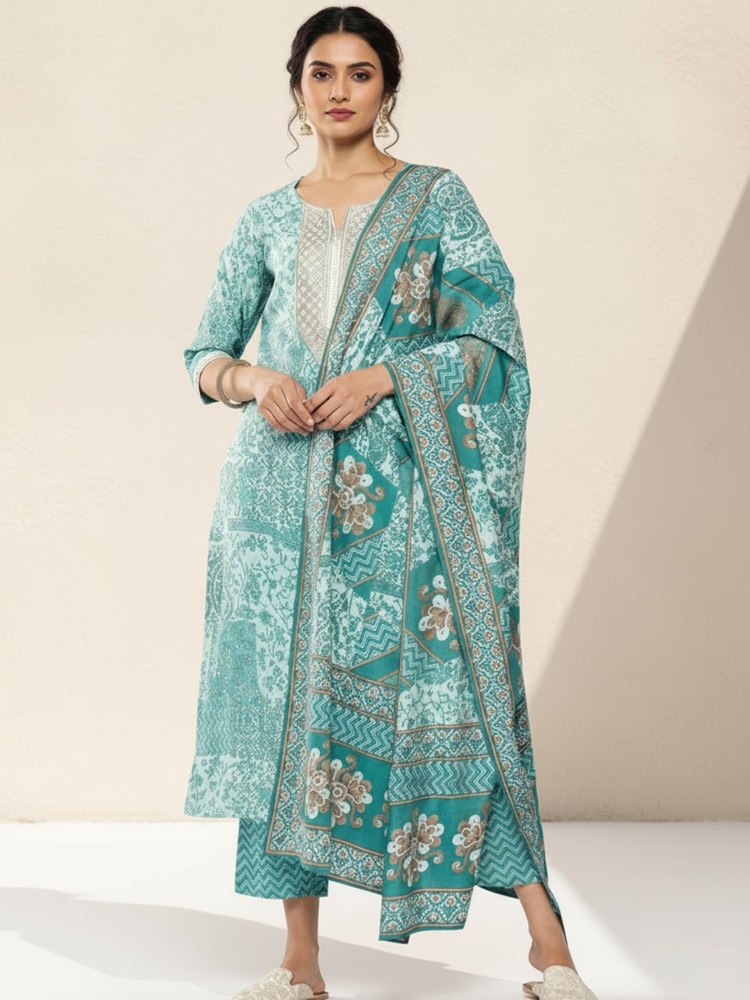 Blue Yoke Design Silk Blend Straight Kurta With Trousers & Dupatta